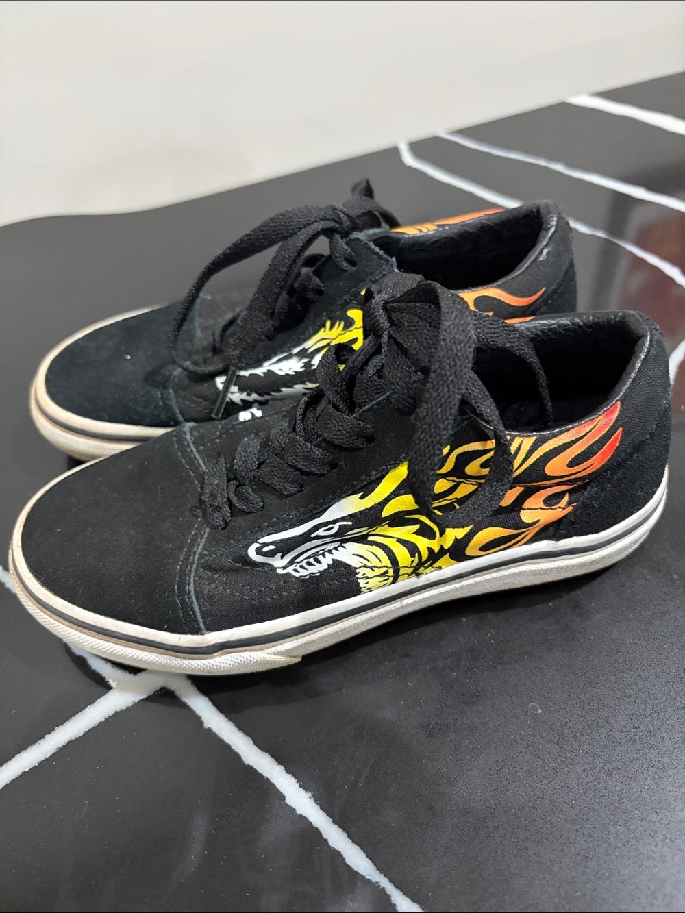 Kids Black Canvas Sneakers with Yellow & Orange Flame Graphic